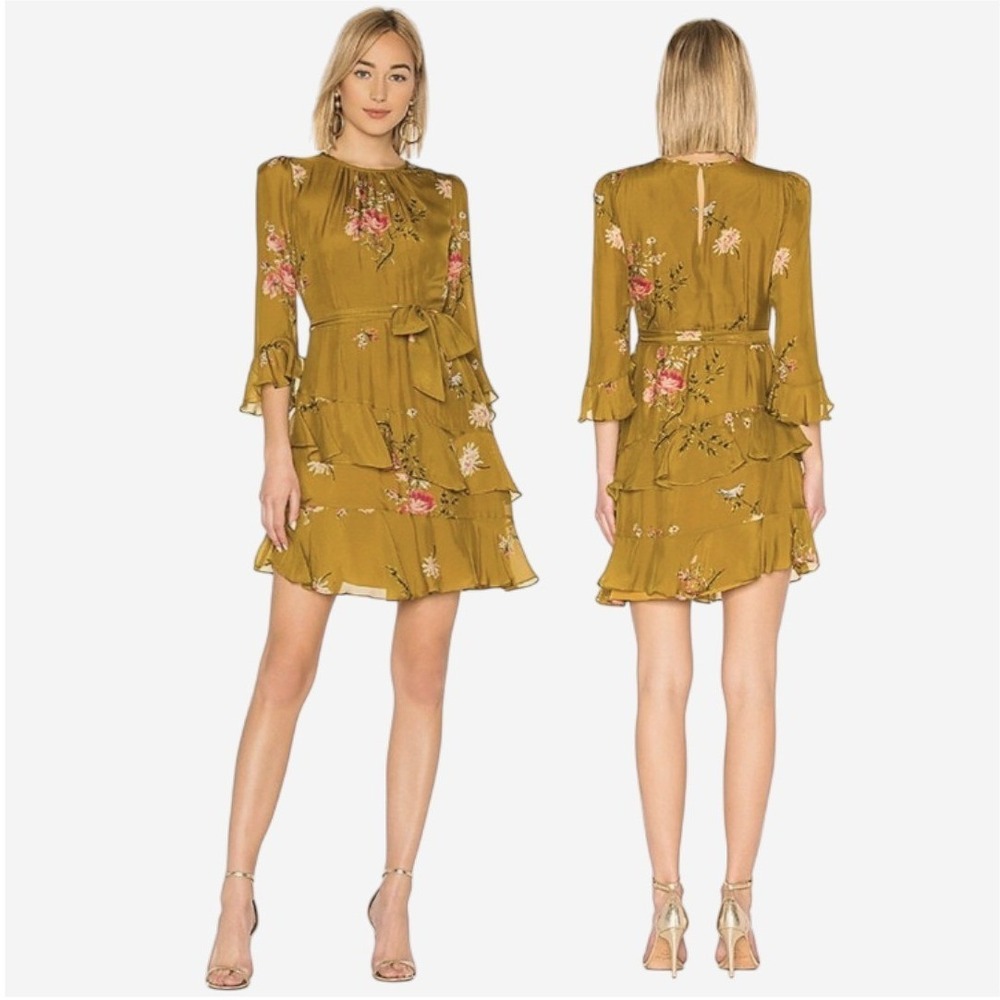Joie Ruffled Silk Dress Tiered Mustard Seed Bird Floral Print Garden Party
